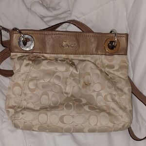 Coach Signature Tan and Brown Crossbody Bag with Leather Trim